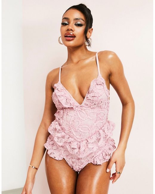 ASOS Luxe 3D floral swimsuit with ruffle detail in