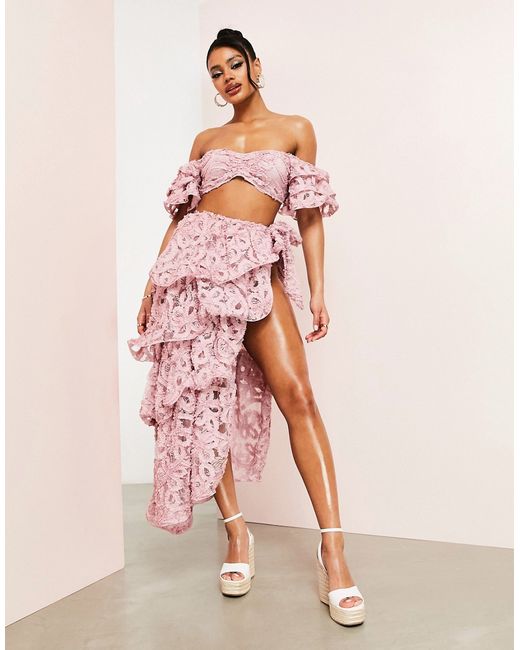 ASOS Luxe beach 3D floral wrap tiered wired maxi skirt in part of a set