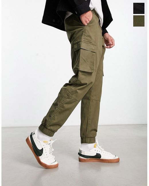 Only & Sons 2 pack cargo pants in black khaki-