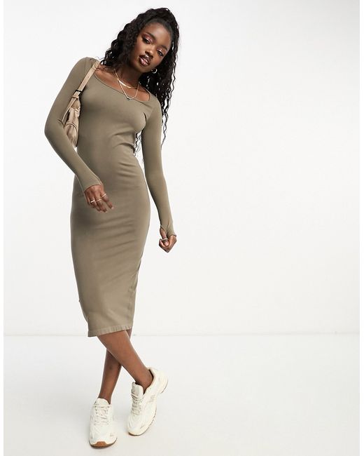 Pull & Bear long sleeve second skin maxi dress in taupe-