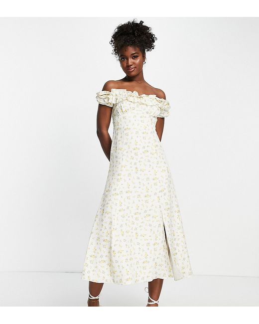 Ever New bardot frill midi dress in lemon ditsy floral-
