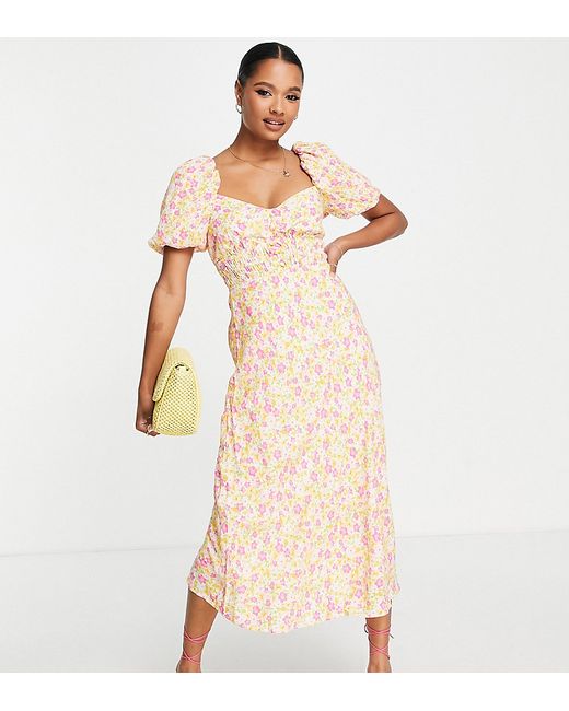 Ever New Petite bow back shirred midi dress in vibrant floral-