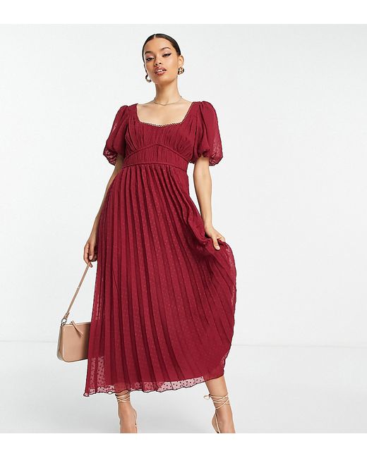 ASOS Petite DESIGN Petite puff sleeve pleated textured midi dress with scallop trim in burgundy