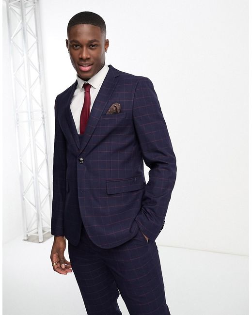 Harry Brown skinny fit suit jacket in navy red check-