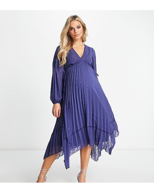 ASOS Maternity DESIGN Maternity v front trim detail pleated textured midi dress in