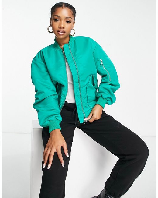 Miss Selfridge ruched sleeve bomber jacket in bright
