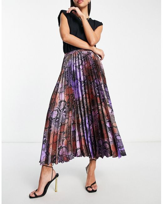 Asos Design satin pleated midi skirt in purple snake print-