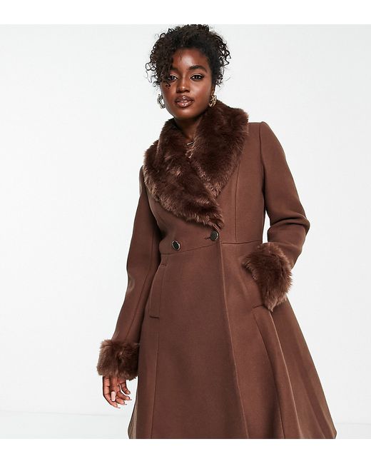 Ever New faux fur collar coat with cuffs in chocolate-