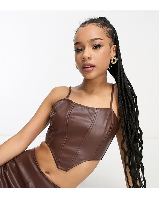 Heartbreak Petite faux leather corset top in chocolate part of a set