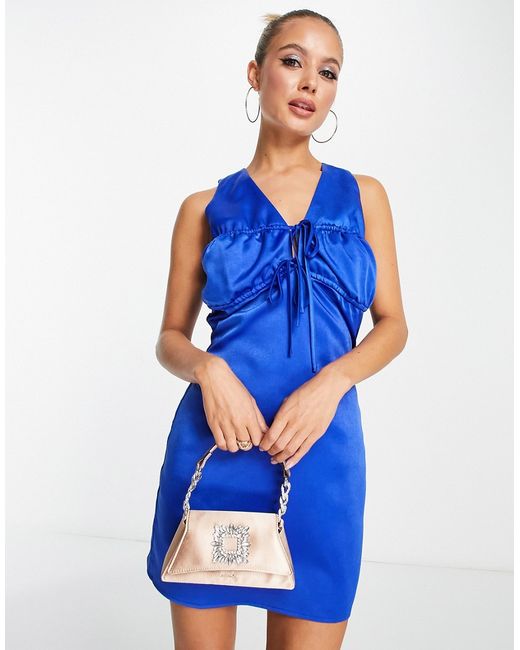 Lola May satin mini dress with ruched front in cobalt