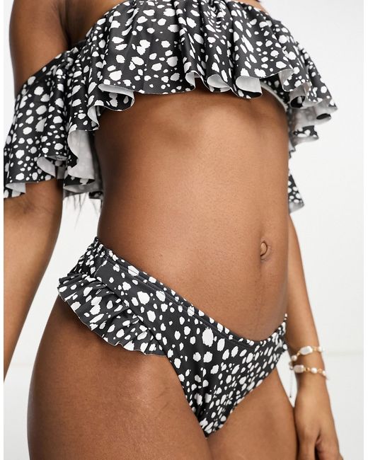 Asos Design mix and match frill high leg hipster bikini bottom in mono spot print-