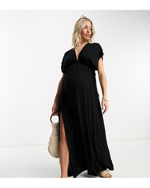 ASOS Maternity DESIGN Maternity flutter sleeve maxi beach dress with channeled tie waist in