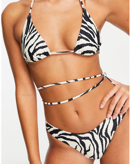 Public Desire zebra tie waist bikini top in black and white-