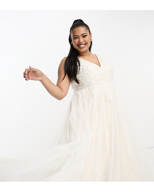 ASOS Edition Curve Sienna bead and embroidered plunge bodice wedding dress with lace underlay in ivory-