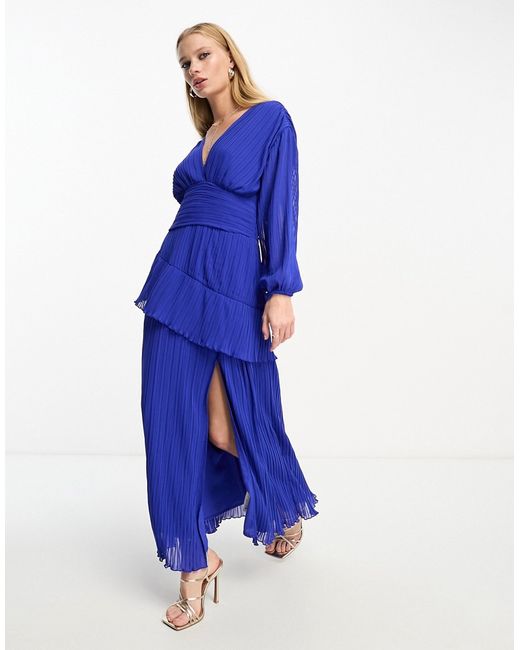 Asos Design pleated midi dress with a belt in cobalt