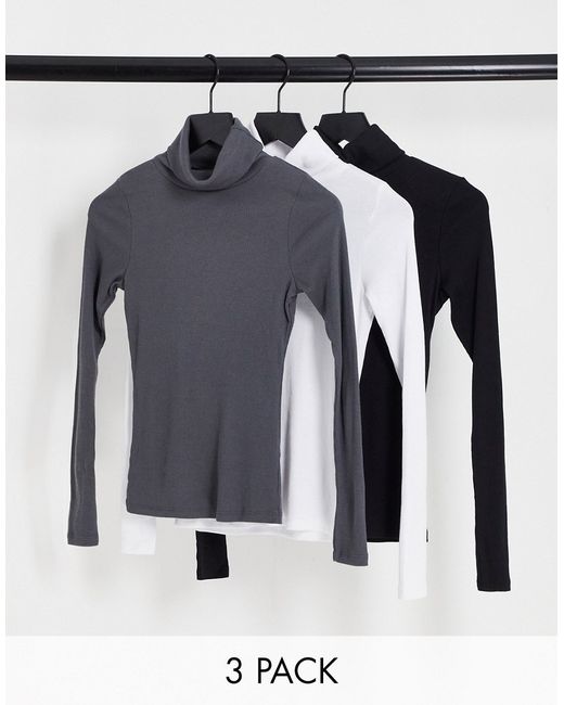 New Look 3 pack rib rolled long sleeved top in black stone and gray-