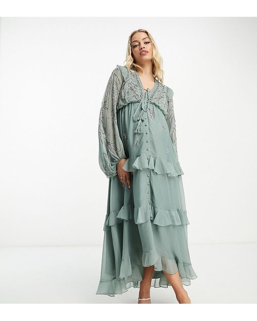 ASOS Maternity DESIGN Maternity soft midi dress with button front and trailing floral embellishment in sage-