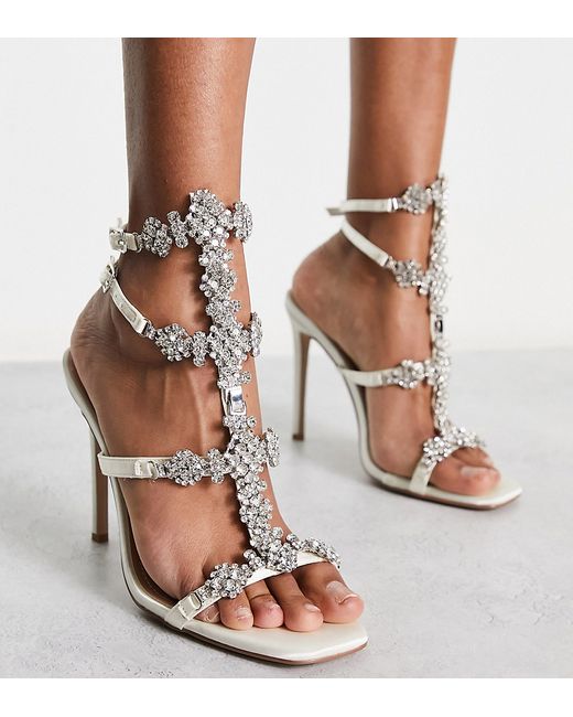 Simmi Wide Fit Simmi London Wide Fit Isabeau embellished heeled sandals in ivory satin-