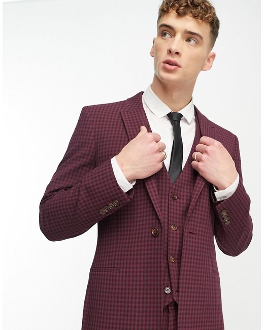 Asos Design skinny suit jacket in burgundy gingham-
