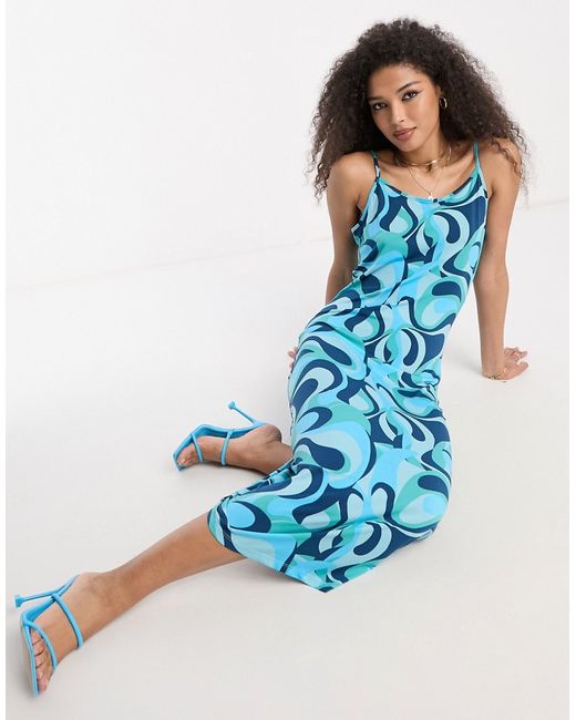 Vila cami maxi dress in blue swirl print-