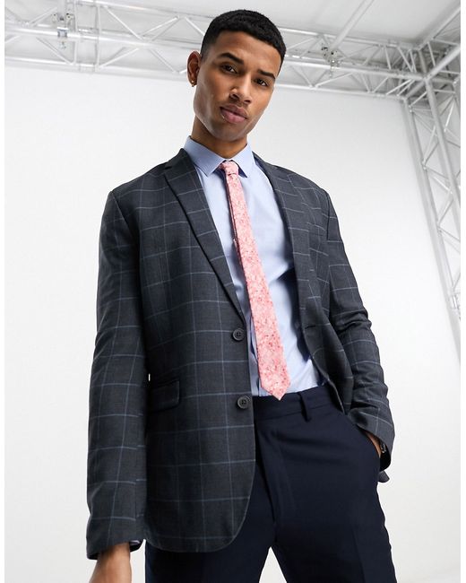 New Look skinny suit jacket in gray blue check-