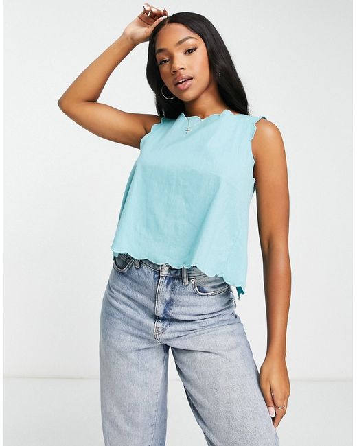 Asos Design scallop edge linen top with split back detail in Teal-