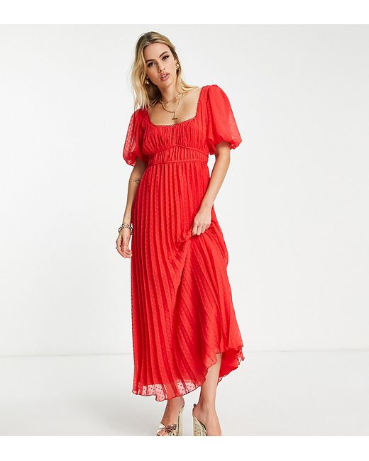 ASOS Tall DESIGN Tall puff sleeve pleated textured midi dress with scallop trim in