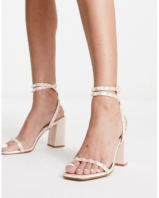 Be Mine Naava block heel sandals with pearl embellishment in blush-