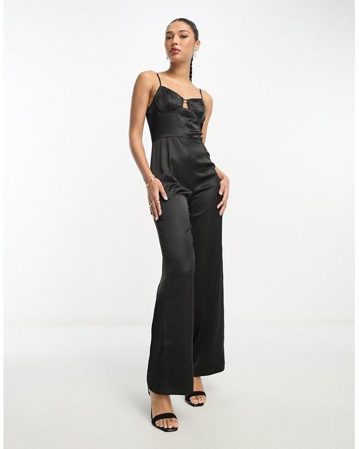 Aria Cove plunge satin cut-out bust detail wide leg jumpsuit in