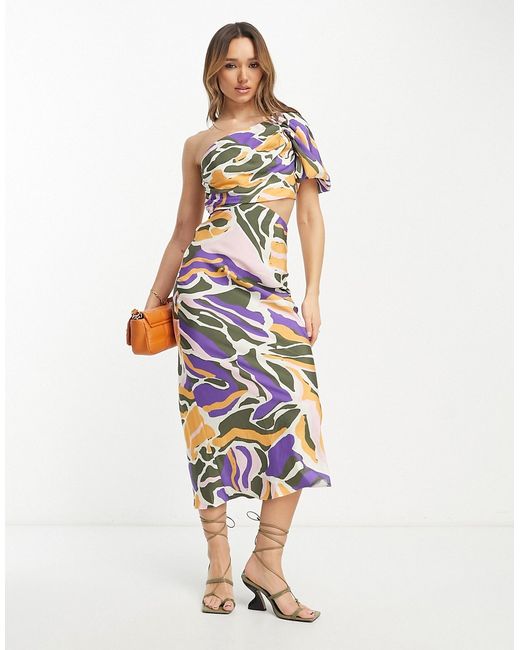 Asos Design washed one-shoulder maxi dress with cut-out side waist detail in abstract print-