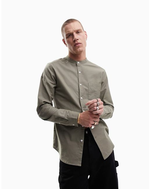 Asos Design slim fit oxford shirt with grandad collar in washed khaki-