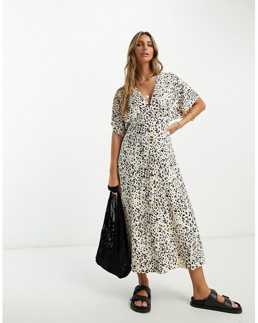 Asos Design flutter sleeve midi tea dress with buttons in leopard print-