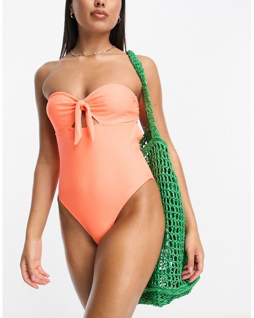 Miss Selfridge bandeau tie open back swimsuit in coral-