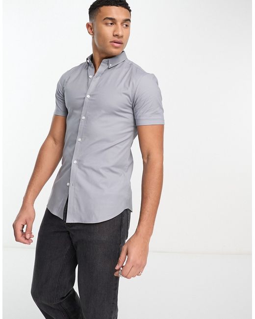 New Look short sleeve muscle fit oxford shirt in light