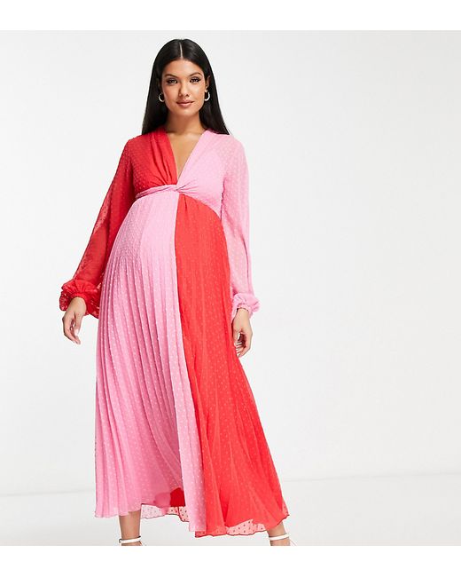 ASOS Maternity DESIGN Maternity textured twist front pleated midi dress in red and pink block-