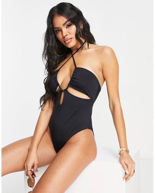 Asos Design gathered ruched cut out swimsuit in