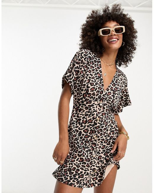 Asos Design flutter sleeve mini tea dress with buttons in leopard print-
