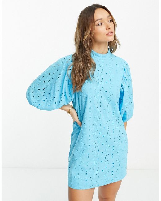 Asos Design eyelet mini dress with puff sleeve in