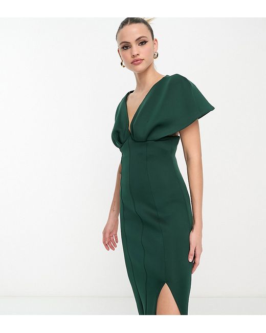 Asos Design Tall plunge neck dropped shoulder pencil midi dress in forest