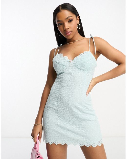 The Frolic tie shoulder cami mini dress with cup detail in sky lace