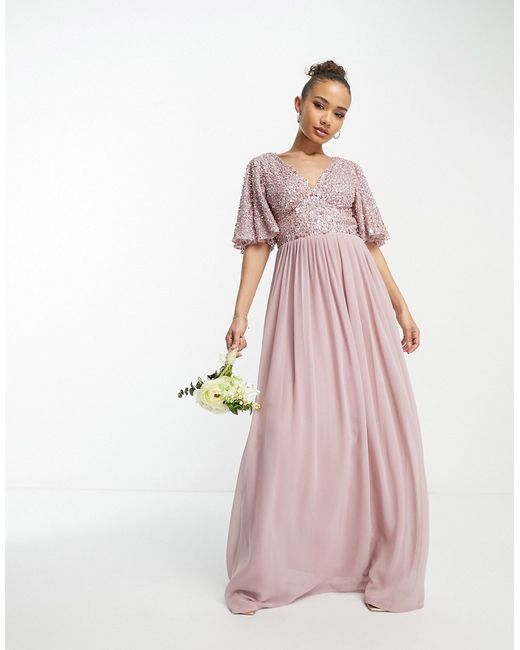 Beauut Bridesmaid emellished bodice maxi dress with flutter sleeve in frosted