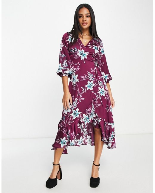Liquorish satin wrap midi dress with puff sleeves in wine placement floral-