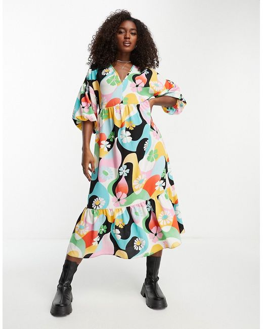 Asos Design chuck on smock midi dress in bright retro print-