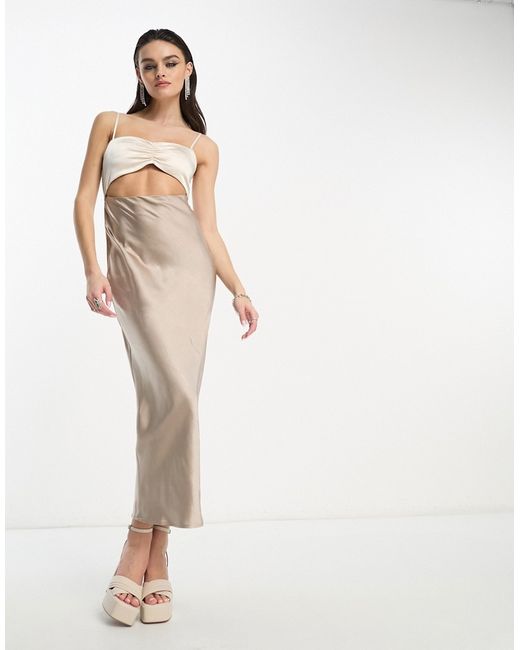 4th & Reckless cami contrast satin maxi cut out dress in taupe-