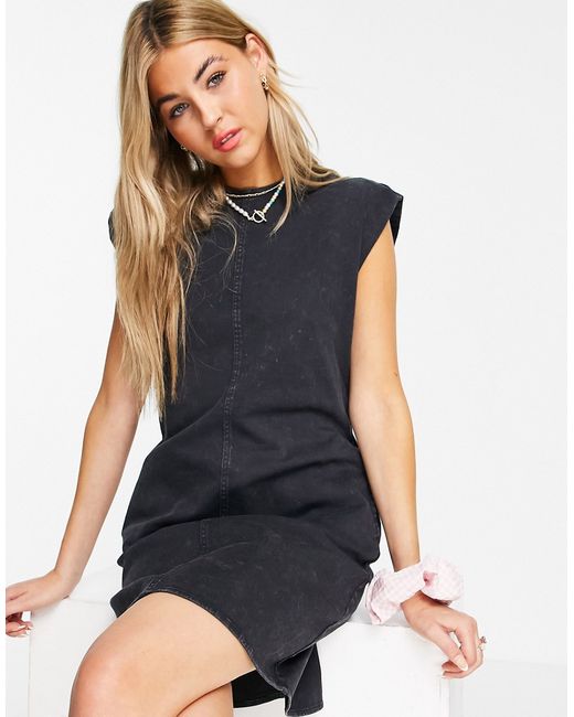Noisy May denim dress with padded shoulders in