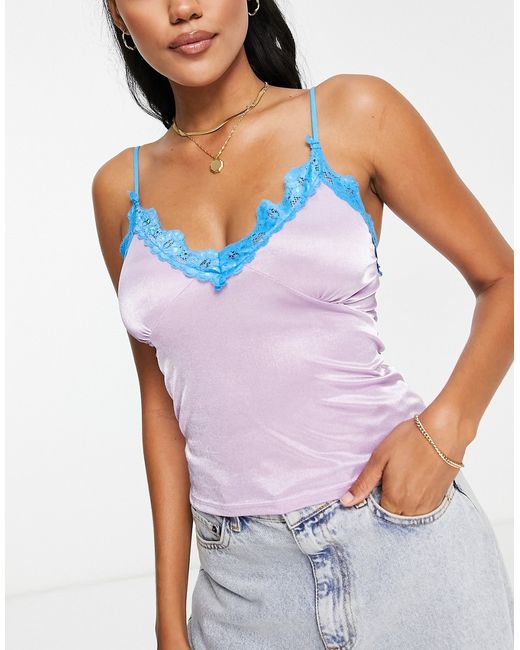 Asos Design Fuller Bust jersey satin cami top with lace trim in lilac-