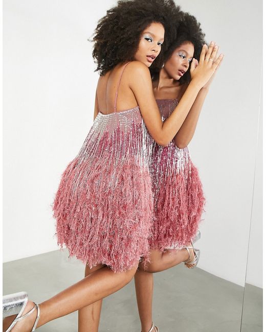 ASOS Edition beaded fringe cami mini dress with faux feather hem in