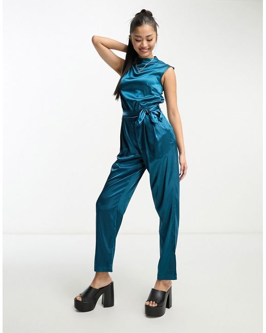 Heartbreak satin high neck ruched jumpsuit in teal-