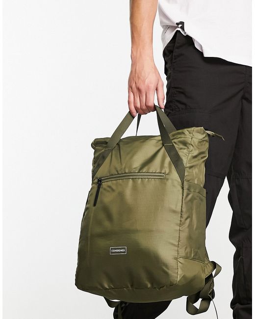 Consigned backpack tote bag in khaki-