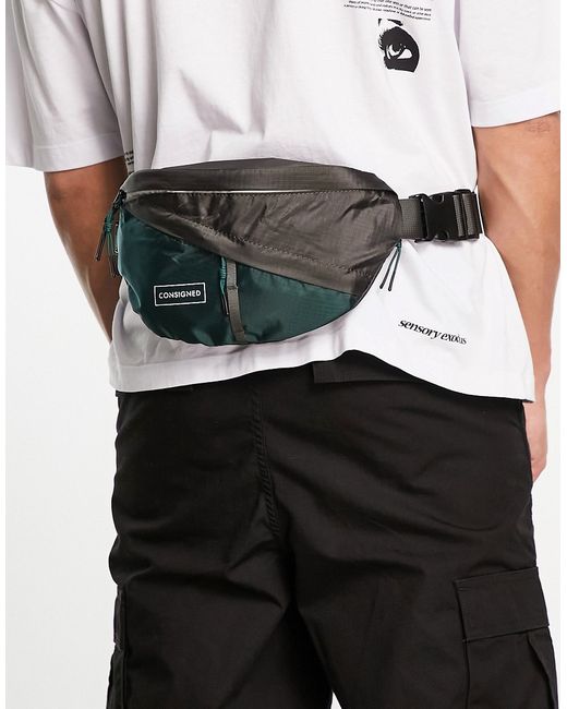Consigned block fanny pack in gray and green-